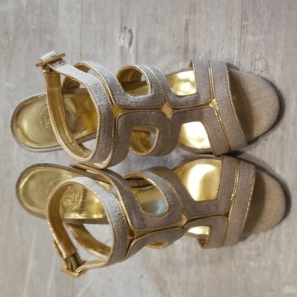 💕TORY BURCH💕 Leather Cage Sandal Heels ~ Open Toe Canvas & Gold 7.5 - Picture 4 of 14